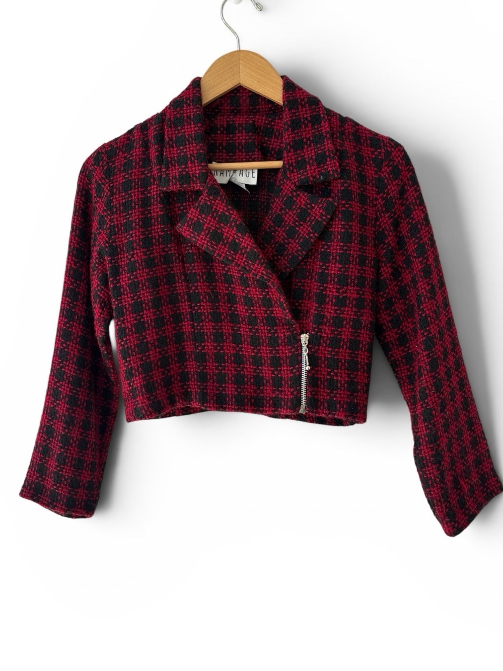 Vintage Rampage Cropped Plaid Moto Jacket Red Black Wool Blend Y2K Grunge
